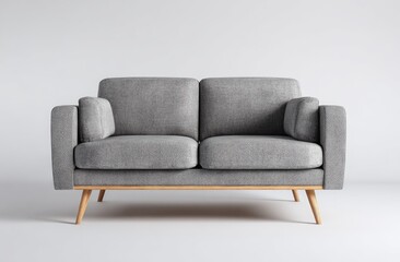 Fototapeta premium A grey fabric loveseat with light wood legs, mid-century modern style, sits on a plain white background. Clean lines, simple design