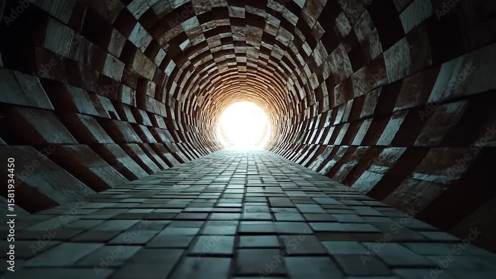 Poster a dimly lit, dark tunnel with a cobblestone path leading to a bright light at the end. the walls are