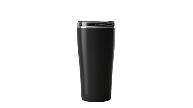 Stylish black travel mug on a dark backdrop ready for hot or cold drinks isolated on transparent background.