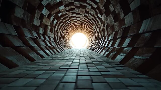 A dimly lit, dark tunnel with a cobblestone path leading to a bright light at the end. The walls are textured with dark-toned, cubic blocks creating a sense of depth and mystery