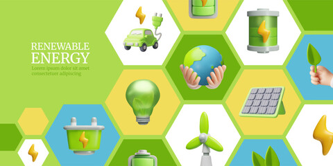 3D green energy support banner with planet, battery, plug, turbine, light bulb icons.