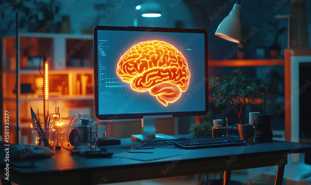 Poster neon brain visualization on computer screen in modern workspace with plants and stationery.