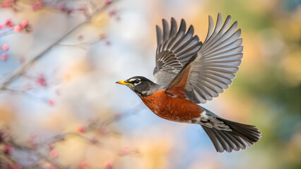 Fototapeta premium American Robin Flying with Spread Wings and Colorful Blurred Background