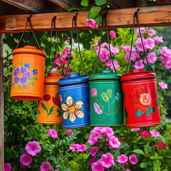 A series of colorful, hand-painted metal cans hang from a wooden structure, displaying various floral designs