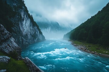 Obraz premium A misty river winds through a dramatic mountain valley with steep cliffs