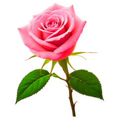 Pink Rose Bloom: A single, delicate pink rose in full bloom, showcasing its velvety petals and vibrant color, with lush green leaves.
