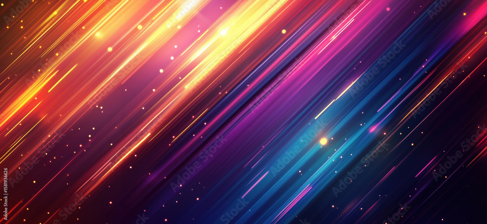 Poster vibrant abstract background with colorful light streaks and glowing particles.