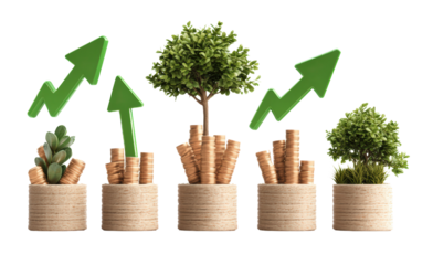 Business investment growth concept with plant and coins increasing in size and upward arrows