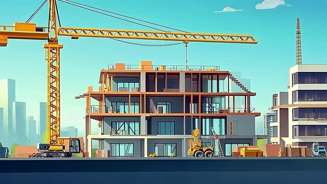 Construction site showcasing a modern building under development with machinery and city skyline