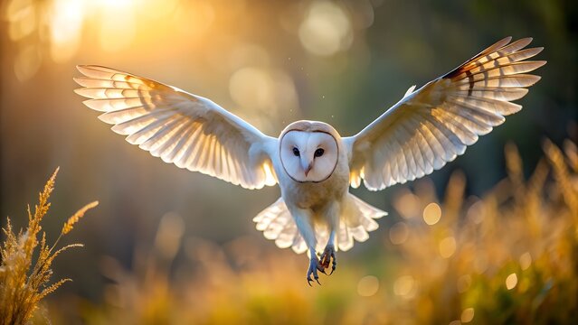 Barn Owl Flying with Spread Wings and Colorful Blurred Background - Powered by Adobe