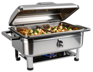 Stainless Steel Chafing Dish Warmer with Lid Open Showing Hot Food, isolated on transparent background PNG (2)