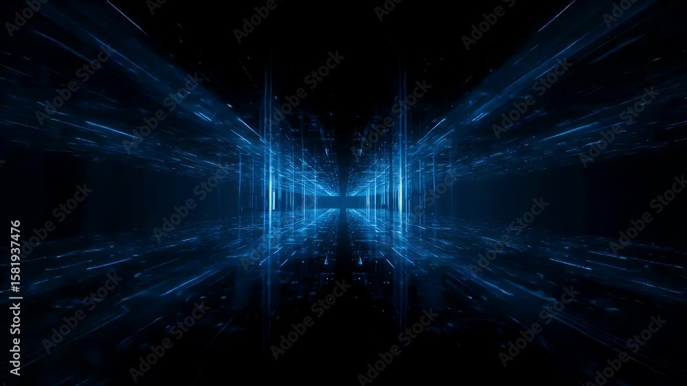 Poster a futuristic blue-lit tunnel with linear light trails converging in the distance against a dark back