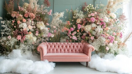 Pink velvet sofa amidst a floral backdrop.  Soft, pastel colors