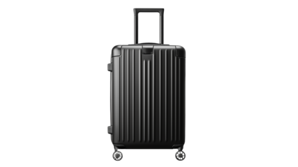 Elegant black suitcase with pull handle against dark backdrop is ready for travel isolated on transparent background.