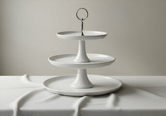 White tiered cake stand with a neutral background. Elegant, minimalist design on a draped linen tablecloth. Homeware for a professional baker or event planner in a modern kitchen -