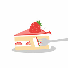 Strawberry Cake Slice with Fork, Simple Illustration
