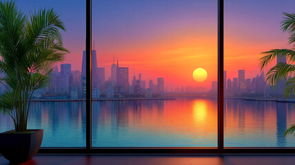 The breathtaking sunrise over the city seen through the window
