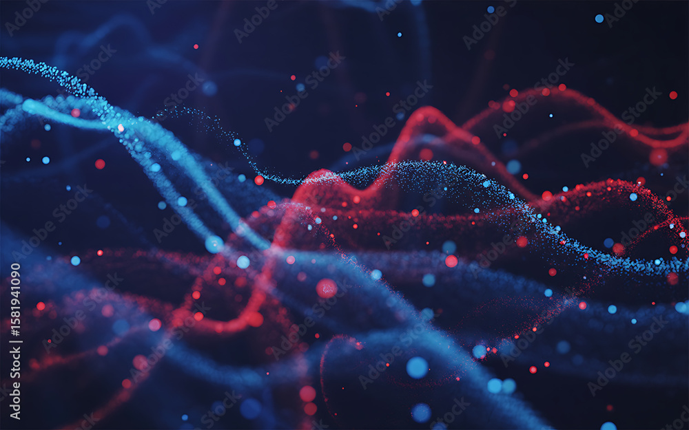 Poster abstract data wave with glowing red and blue lines forming flowing digital signal patterns on dark f