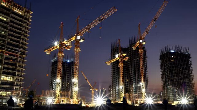 fast paced time lapse of skyscraper construction using towering cranes showcasing urban development and architectural growth over a 24 hour period from foundation to towering structure