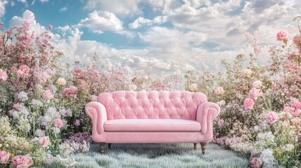 Pink tufted sofa in a field of pastel flowers under a cloudy sky