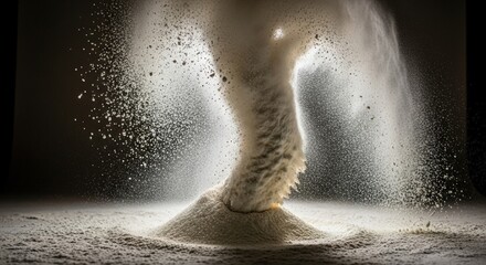 white flour explosion with swirling cloud of particles on black background