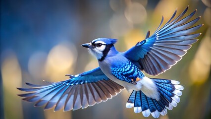 Blue Jay Flying with Spread Wings and Colorful Blurred Background