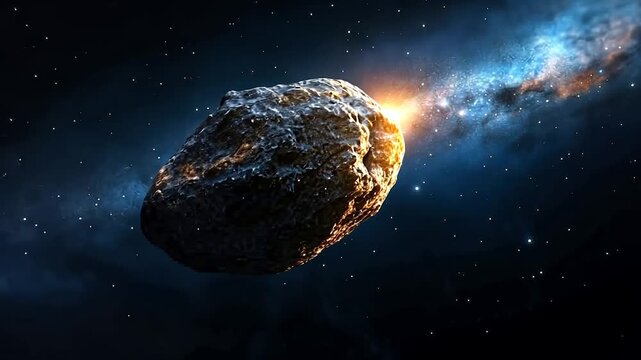 A large, dark asteroid floats in the vast expanse of space, illuminated by a bright star or sun.  A nebula provides a colorful backdrop to this cosmic scene