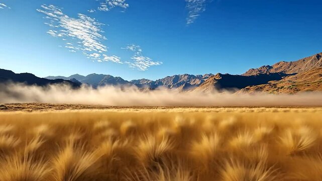 Dust devils swirl across a dry, golden grassland under a vibrant blue sky. Mountains form a dramatic backdrop. The scene evokes a sense of vastness and arid beauty