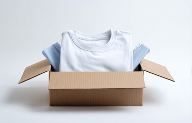 A neatly folded white t-shirt and light blue folded items sit inside an open cardboard box on a white background