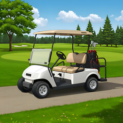 Empty golf cart on a paved path at a golf course. A picturesque scene of a golf cart, parked on a paved path, amongst a serene and lush golf course setting.