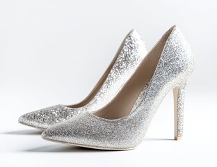 Obraz premium A pair of silver glitter high-heeled pumps with pointed toes, angled slightly, set against a stark white background. The shoes showcase a delicate, sparkly texture