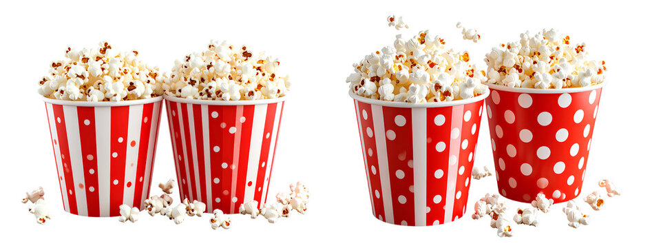 Set of Popcorn Overflowing from Polka Dot Containers on Wooden Surface, Transparent PNG Background - Powered by Adobe