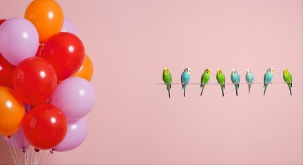 Happy birthday card with colorful balloons and parrot bird at the corner empty copy space for celebration text