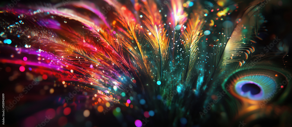 Poster colorful peacock feathers with vibrant sparkles and abstract patterns.