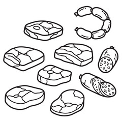 Raw meat steaks and sausages vintage art sliced sausage