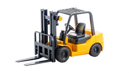 A bright yellow toy forklift truck with a black seat and steering wheel, isolated on a white background