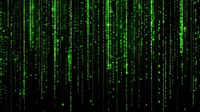 Vertical columns of shimmering green, pixelated data streams on a black background