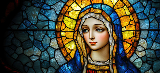 Stained glass depiction of Virgin Mary with vibrant colors and intricate details.