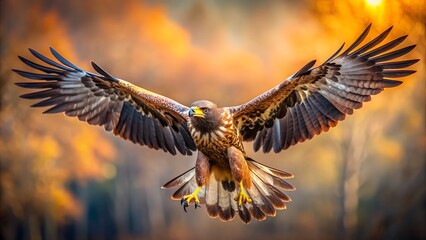 Eastern Imperial Eagle Flying with Spread Wings and Colorful Blurred Background