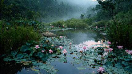 Serene Pond With Blooming Pink Lotus Flowers in Lush Green Wilderness