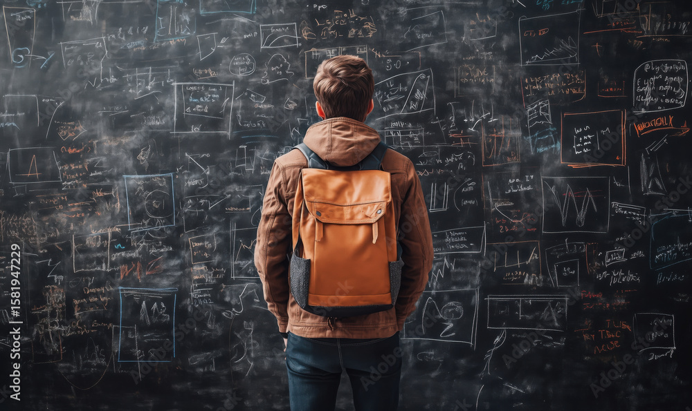 Poster student contemplating complex equations and diagrams on chalkboard in classroom setting.