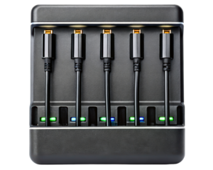 Desktop charging hub with five ports and indicator lights on a transparent background