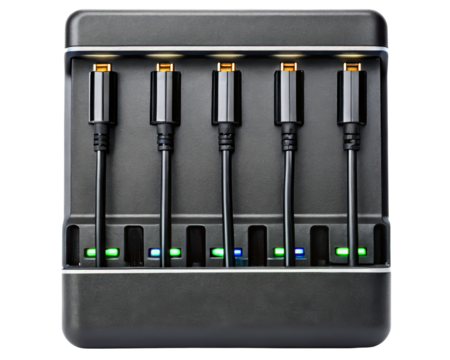 Desktop charging hub with five ports and indicator lights on a transparent background