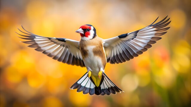 European Goldfinch Flying with Spread Wings and Colorful Blurred Background - Powered by Adobe