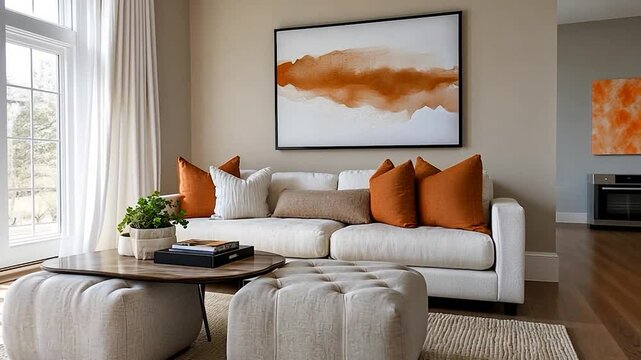 Modern living room interior with off-white sofa, orange pillows, and abstract art.  Neutral color palette with warm tones. Natural light floods the room through large windows