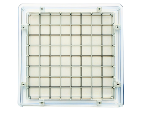 Square plastic ventilation grille with a white grid filter on a transparent background