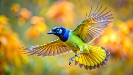 Green Jay Flying with Spread Wings and Colorful Blurred Background