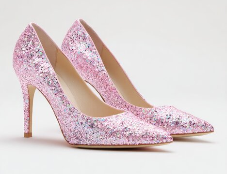 A pair of pink glitter high-heeled pumps with pointed toes, positioned slightly apart on a light background. The shoes feature a delicate stiletto heel and a subtle iridescent shimmer