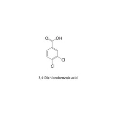 Fototapeta premium 3,4-Dichlorobenzoic acid skeletal structure. halogen acid compound schematic illustration. Simple diagram, chemical formula.