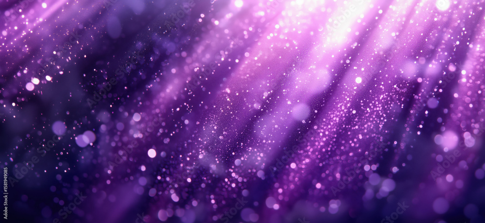 Poster Purple sparkling background with light rays and bokeh effects for design projects.